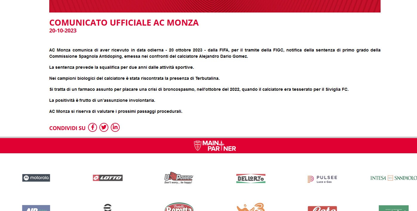Monza, doping: Gomez squalificato 2 anni