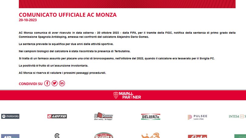 Monza, doping: Gomez squalificato 2 anni
