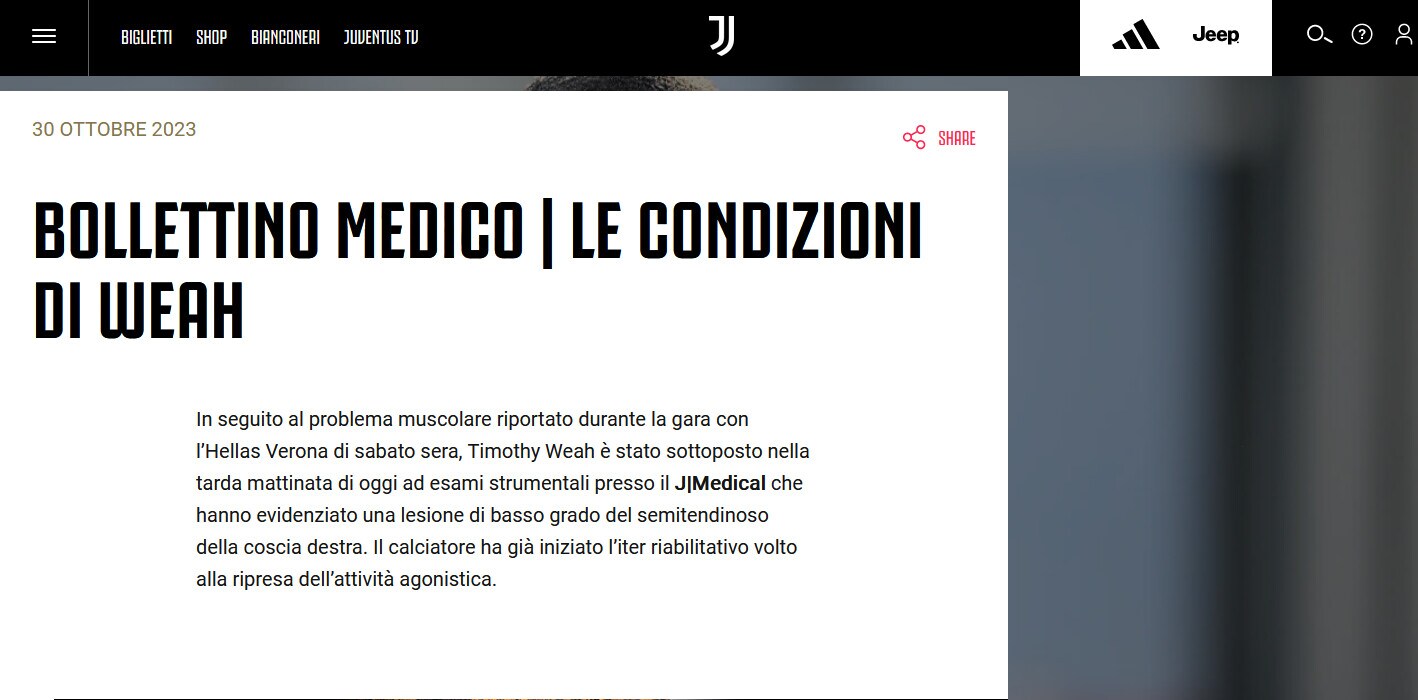 Juve, stop Weah: out 20 giorni