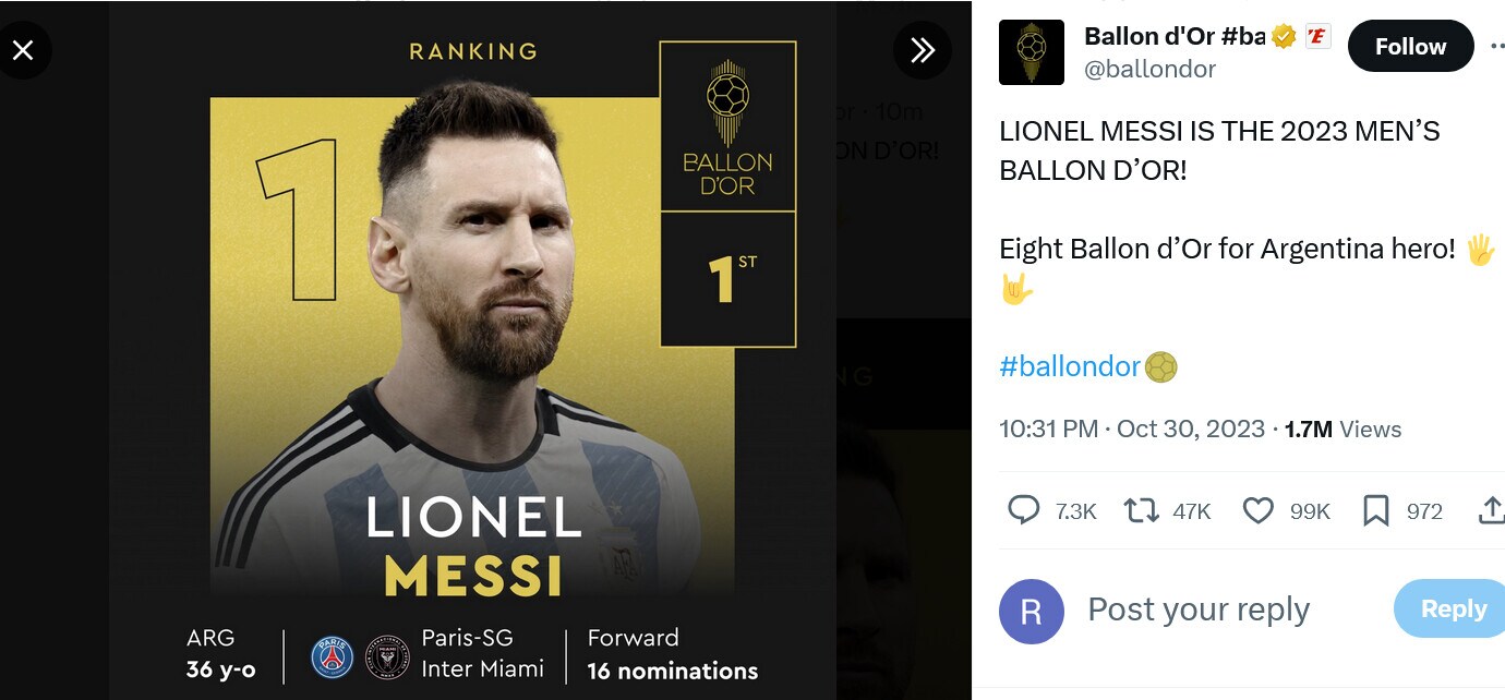 Messi vince l'edizione 2023 del Pallone d'oro