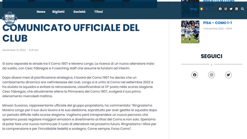 Como, ufficiale: Fabregas nuovo allenatore ad interim