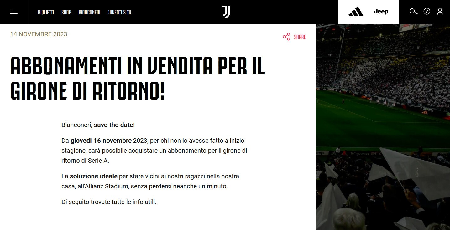 Juventus, la campagna abbonamenti riparte dal 16 novembre