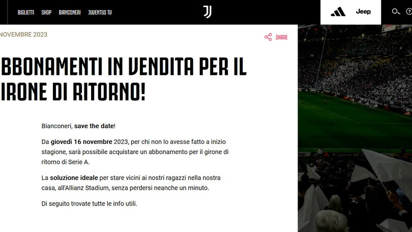 Juventus, la campagna abbonamenti riparte dal 16 novembre