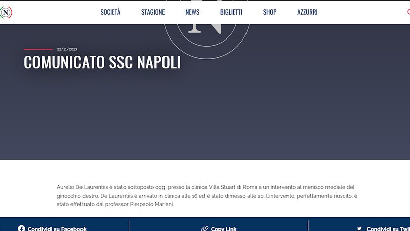 Napoli, De Laurentiis operato al ginocchio