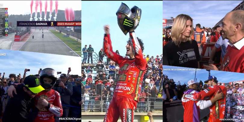 Bagnaia, festa Mondiale: l'abbraccio Rossi e la Hunziker tifosa speciale