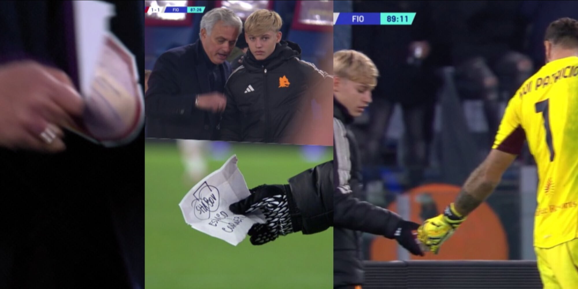 Mourinho, bigliettino per Rui Patricio durante Roma-Fiorentina: lo consegna il raccattapalle
