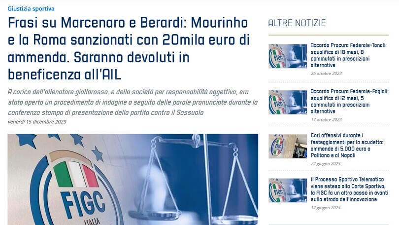 Roma, 20mila euro di ammenda per Mourinho dopo le frasi su Marcenaro