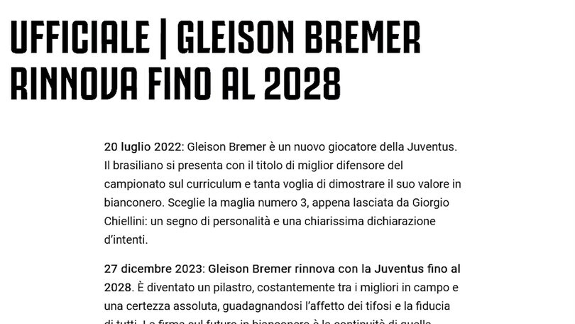 Juve, ufficiale: Bremer ha rinnovato fino al 2028