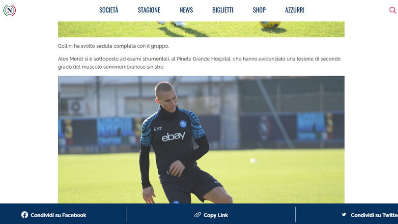 Napoli, stop per Meret: lesione muscolare di secondo grado