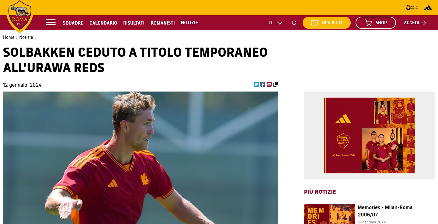 Ufficiale, Roma: Solbakken ceduto in prestito all'Urawa Reds
