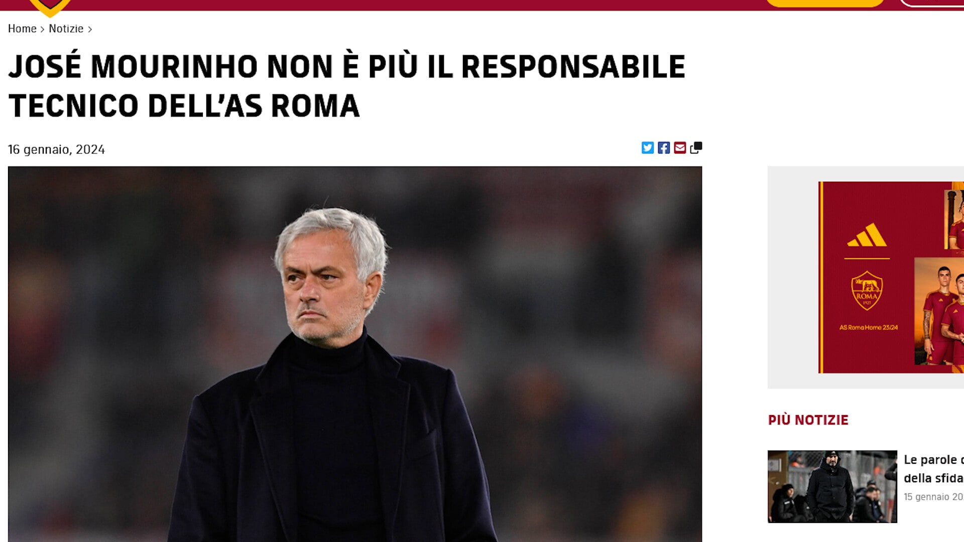 Ufficiale, la Roma esonera Mourinho