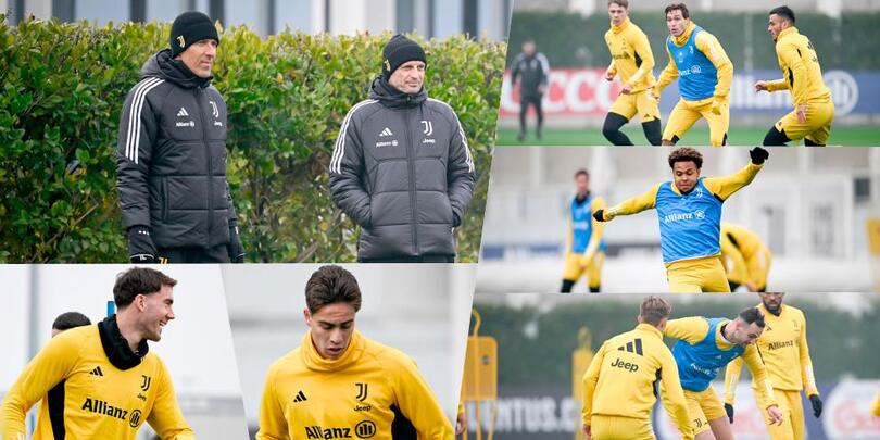 Juventus al lavoro per il Lecce sotto gli occhi di Allegri e Scirea