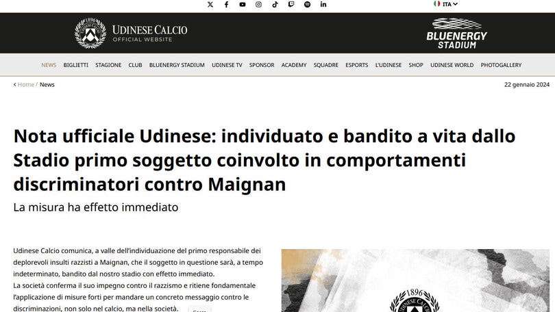 Insulti razzisti a Maignan: individuato un tifoso dell'Udinese