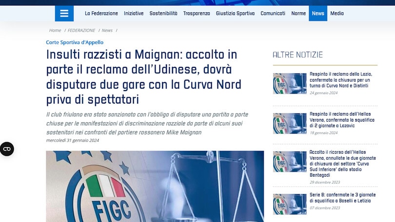Udinese, reclamo accolto a metà: 2 gare a porte chiuse per la Nord