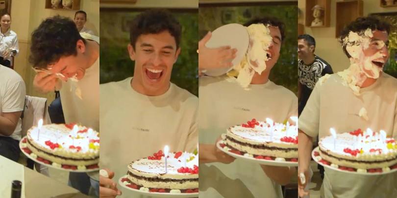 Marc Marquez, compleanno con torta...in faccia