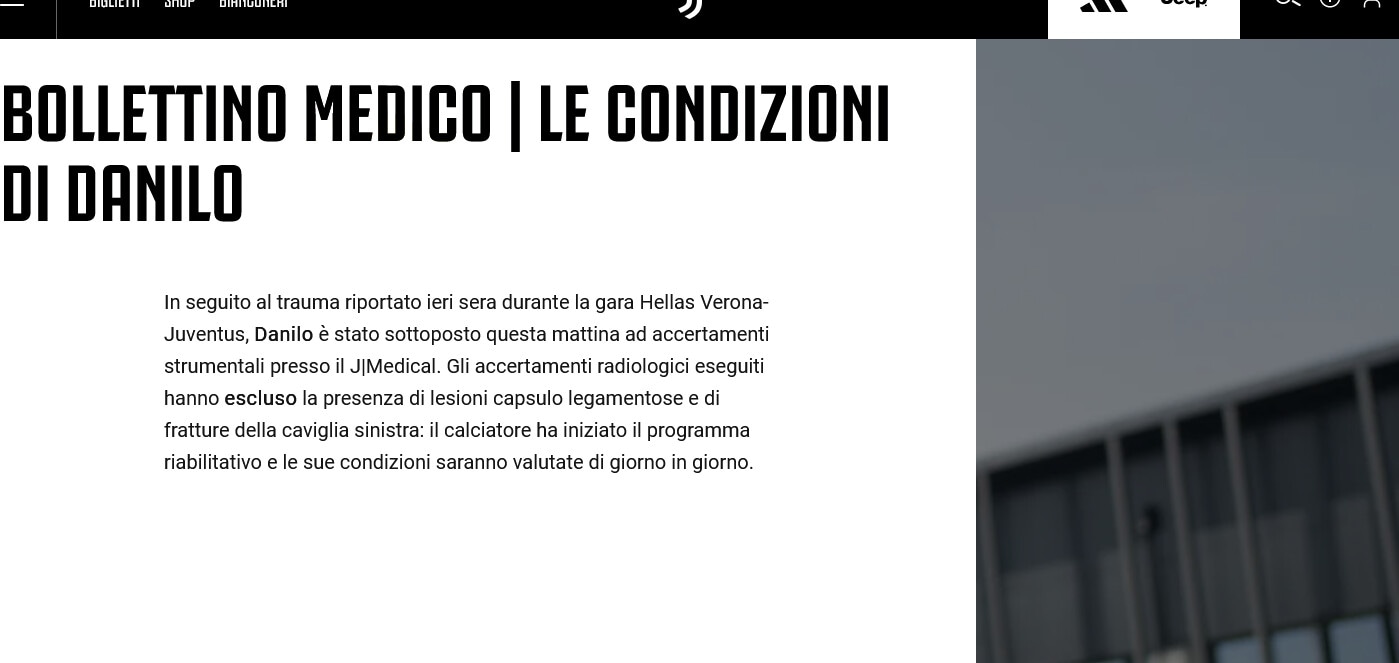 Juve, Danilo infortunato: out tra i 10 e i 15 giorni