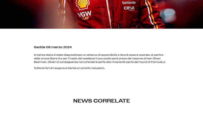 F1, Ferrari: appendicite per Sainz, sarà operato d'urgenza