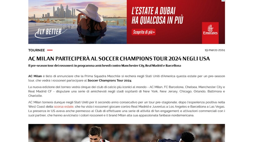 Ufficiale, Milan: in estate tournèe negli Usa