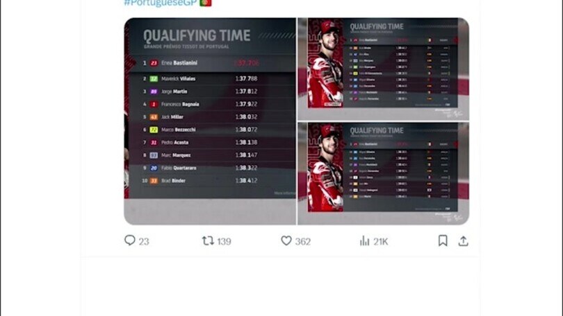 Moto Gp, Portogallo: pole a Bastianini, Bagnaia 4°