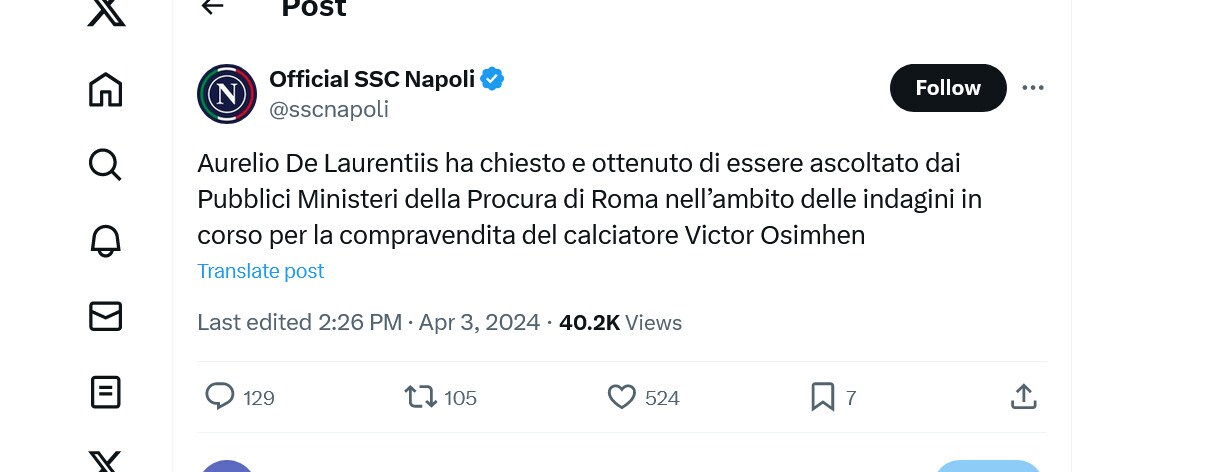 Plusvalenze Napoli, affare Osimhen: De Laurentiis ascoltato in Procura a Roma