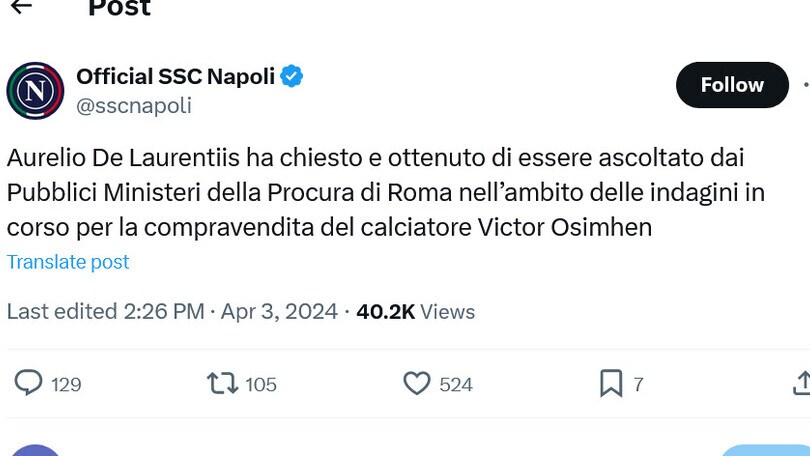 Plusvalenze Napoli, affare Osimhen: De Laurentiis ascoltato in Procura a Roma