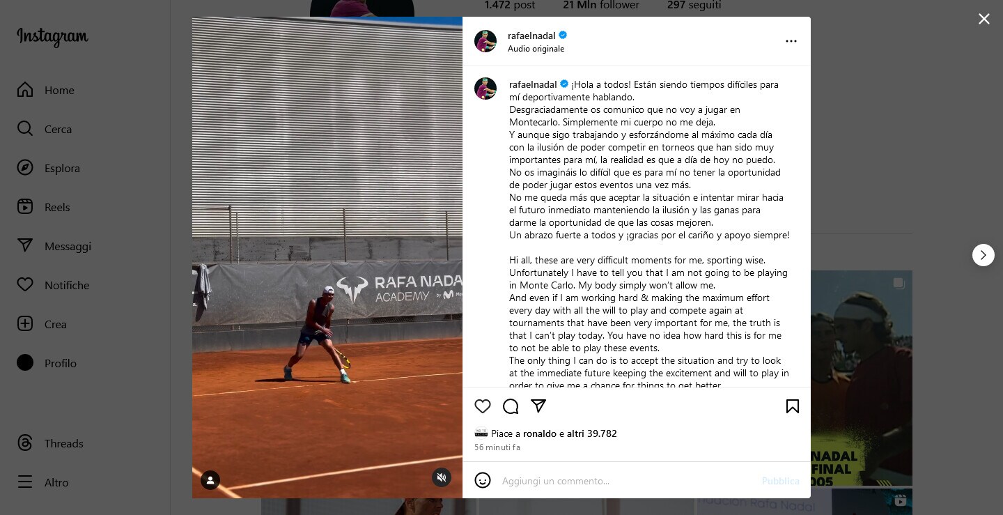 Nadal, niente Montecarlo: "Il mio corpo non me lo permette"