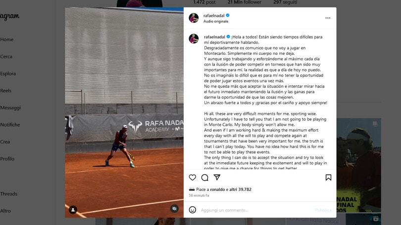 Nadal, niente Montecarlo: "Il mio corpo non me lo permette"