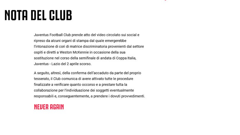 Juve-Lazio, cori razzisti verso McKennie. Il club bianconero indaga