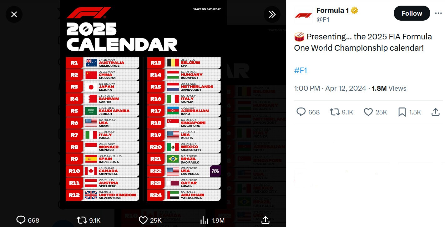 Formula 1, svelato il calendario 2025: ci sono Imola e Monza