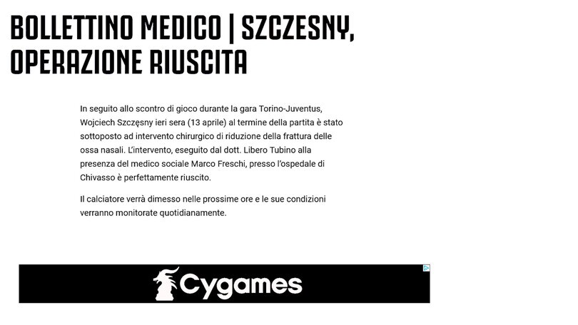 Juve, frattura al naso per Szczesny: operazione riuscita in nottata