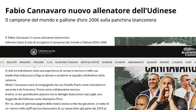 Ufficiale, Udinese: Cannavaro è il nuovo tecnico