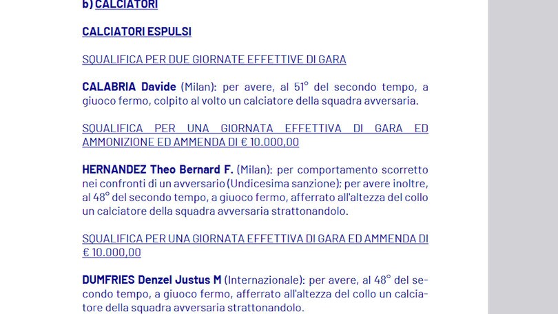 Risse nel derby, 2 turni stop a Calabria e 1 a Theo e Dumfries