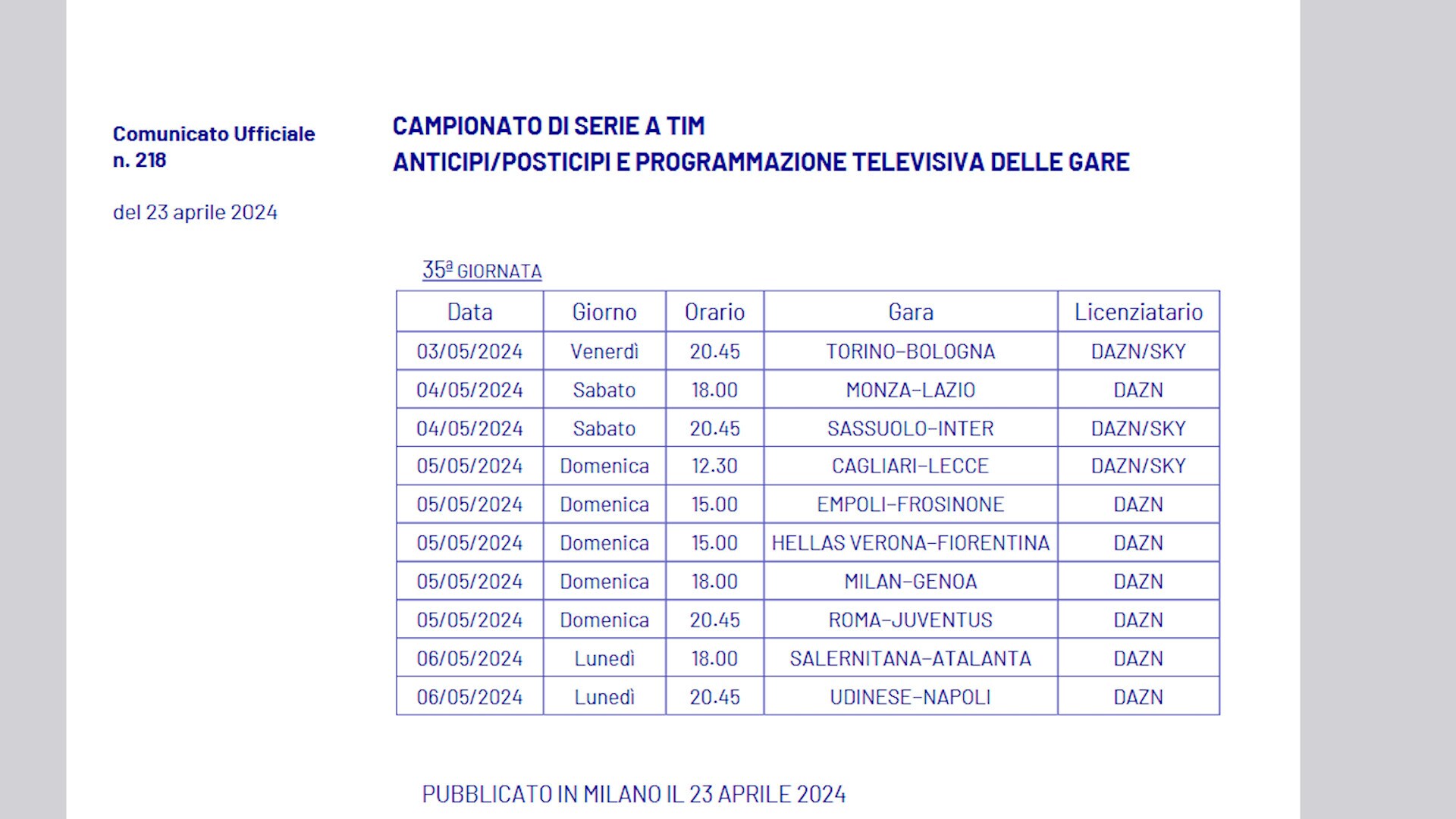Serie A, stabiliti anticipi e posticipi della 35ª giornata