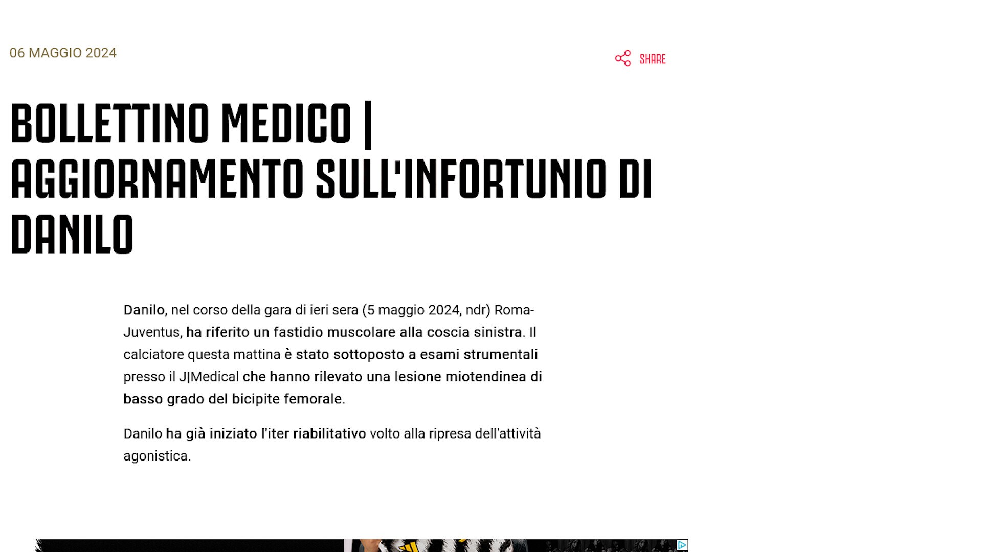 Juventus, stop per Danilo: finale di Coppa Italia a rischio