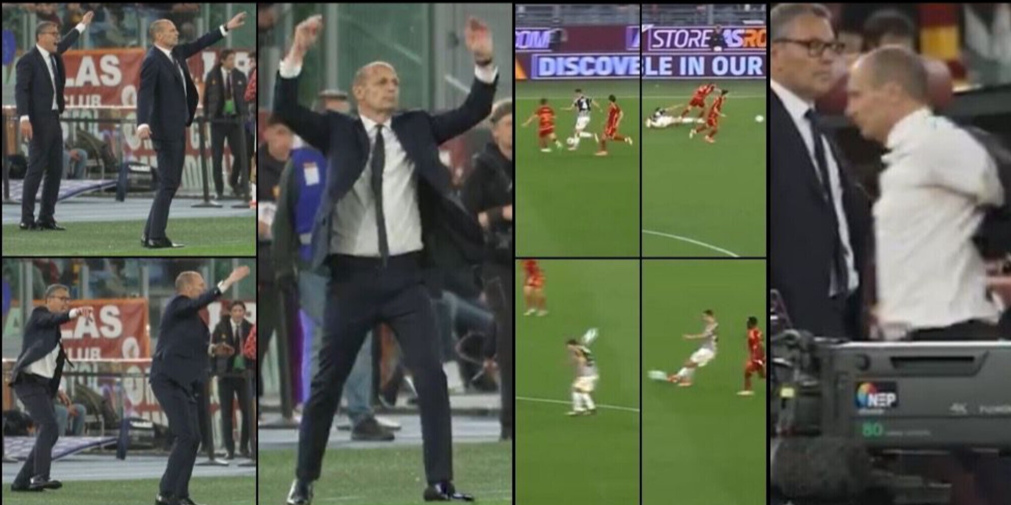Allegri show in Roma-Juve: il 'balletto' con Landucci e l'ira verso Gatti