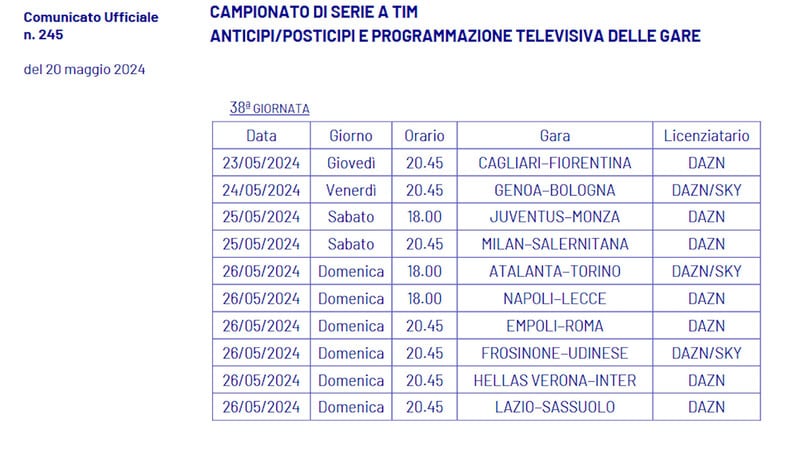 Ufficiale, Serie A: ecco date e orari della 38ª giornata