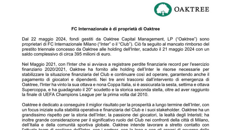 Ufficiale: finisce l'era Zhang, l'Inter è di Oaktree