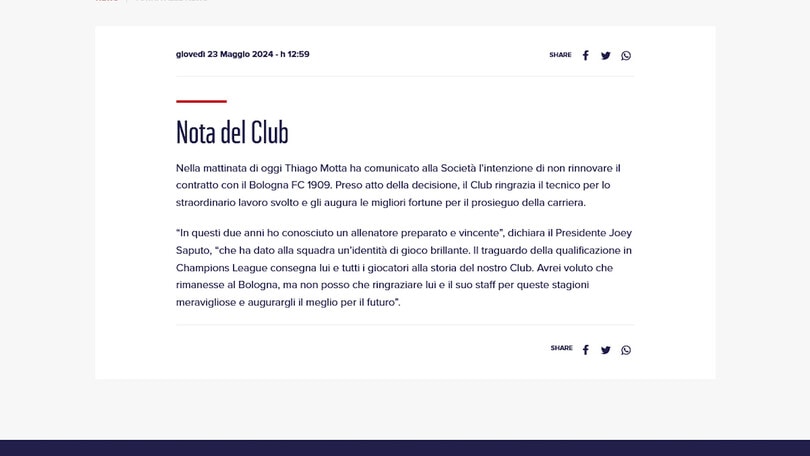 Ufficiale: il Bologna saluta Thiago Motta