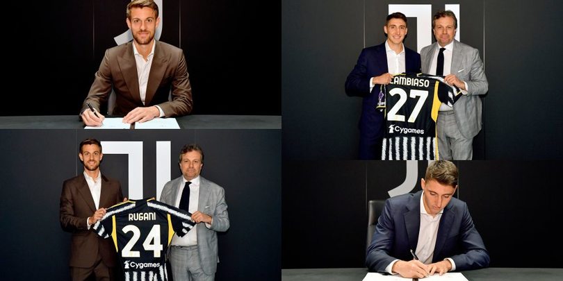 Cambiaso e Rugani, foto di rito con Giuntoli e firma sul contratto