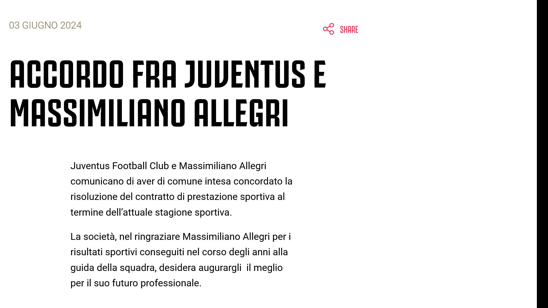 Juventus-Allegri, trovato l'accordo per la risoluzione contrattuale