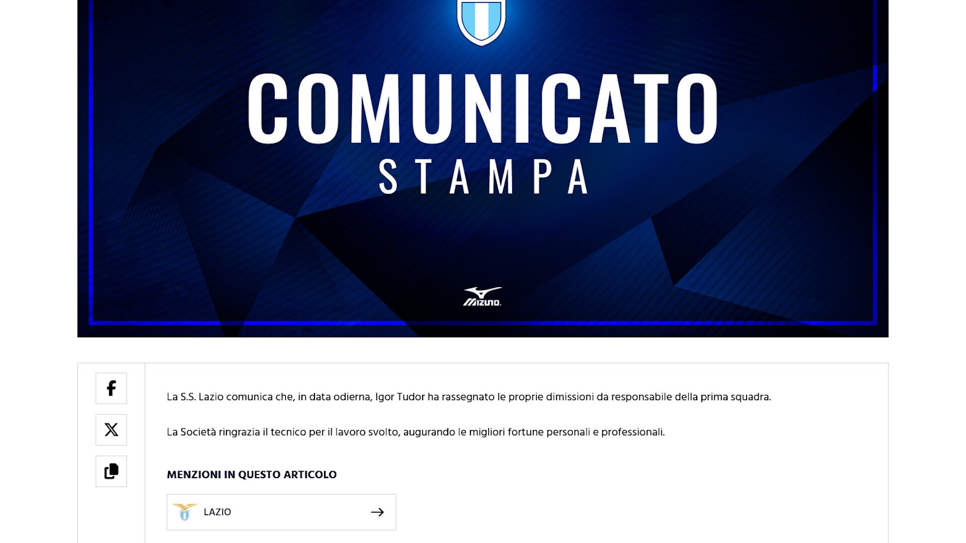 Ufficiale, Lazio: Tudor si è dimesso