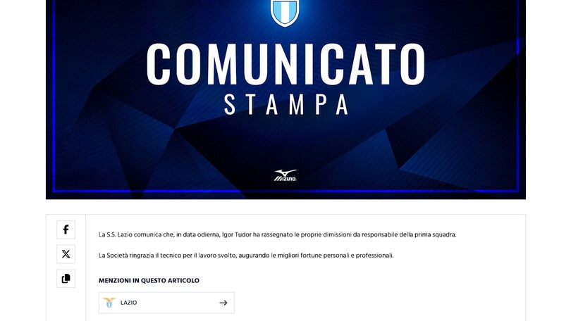 Ufficiale, Lazio: Tudor si è dimesso