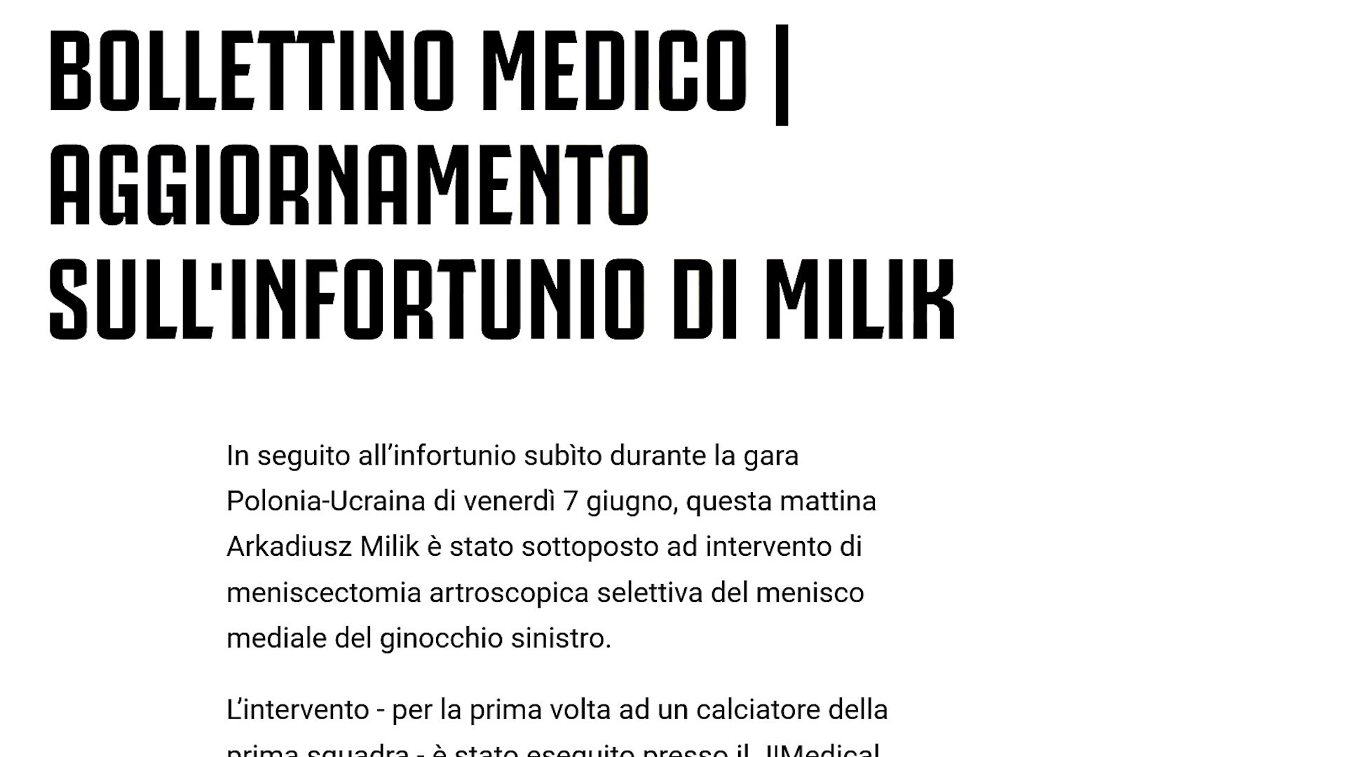 Juventus, Milik operato al ginocchio: out 1 mese