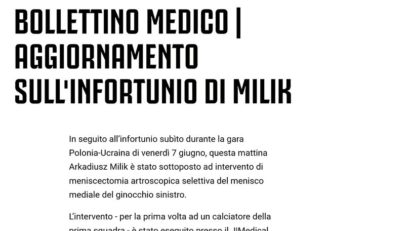 Juventus, Milik operato al ginocchio: out 1 mese