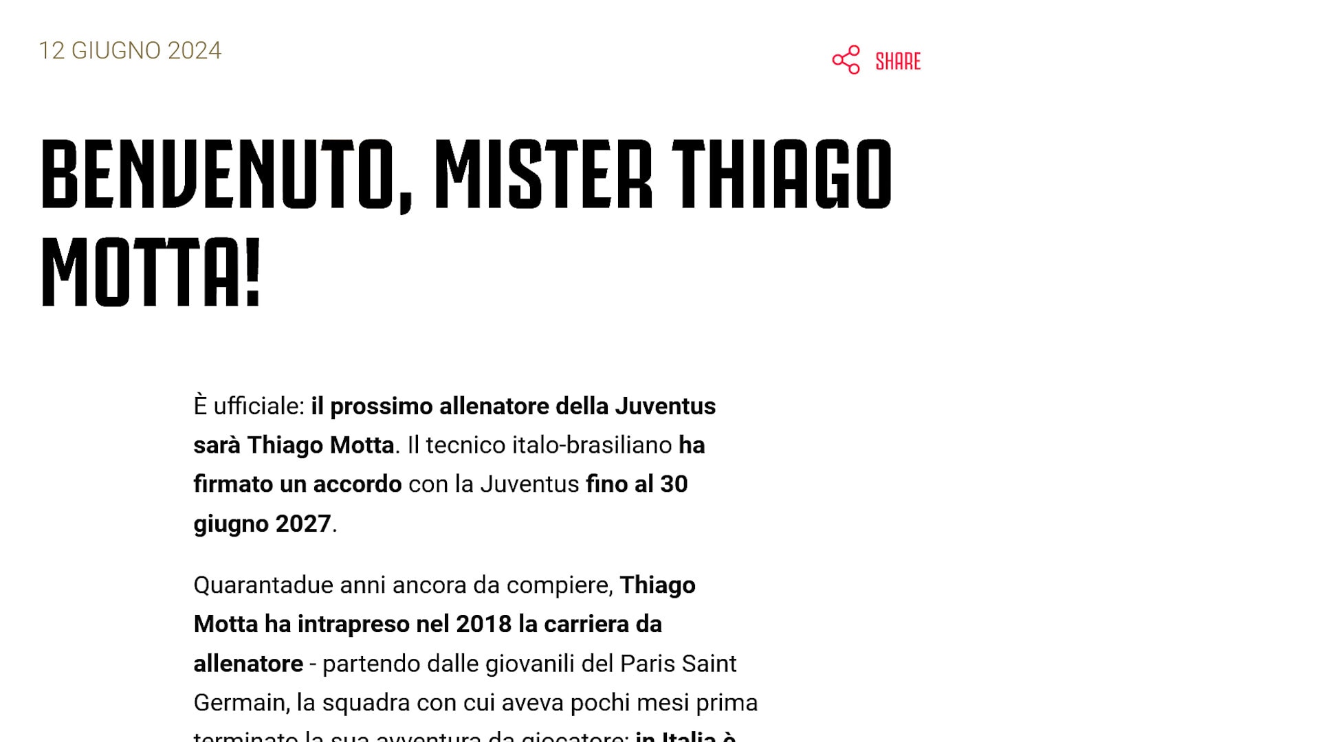 Juve, ufficiale: Thiago Motta è il nuovo tecnico