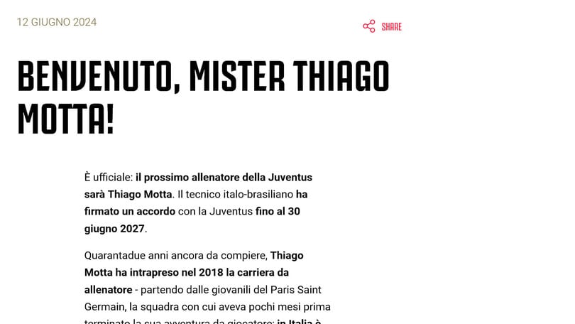 Juve, ufficiale: Thiago Motta è il nuovo tecnico