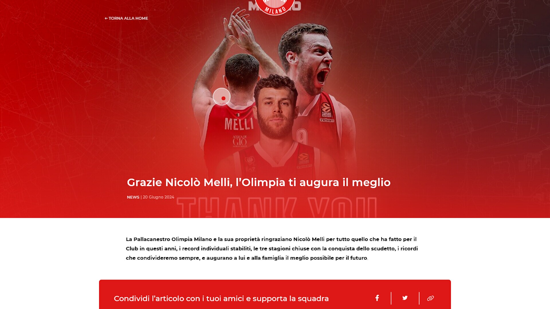 Ufficiale: l'Olimpia Milano saluta Melli