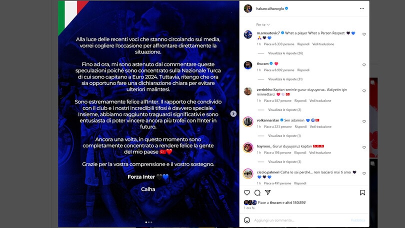 Inter, Calhanoglu tranquillizza i tifosi sul suo futuro