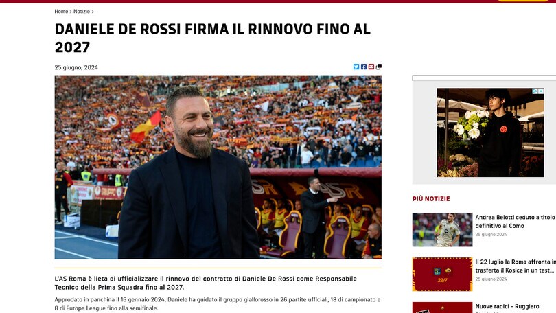 Ufficiale, Roma: De Rossi rinnova fino al 2027