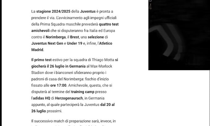 La Juventus ufficializza i primi test estivi